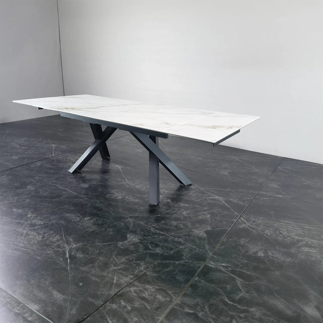 Caso 180-280cm White Kass Gold Ceramic Marble Side Extending Dining Table - Belmont Interiors