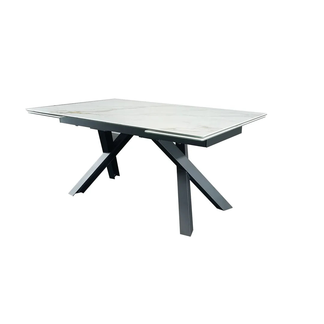 Caso 180-280cm White Kass Gold Ceramic Marble Side Extending Dining Table - Belmont Interiors