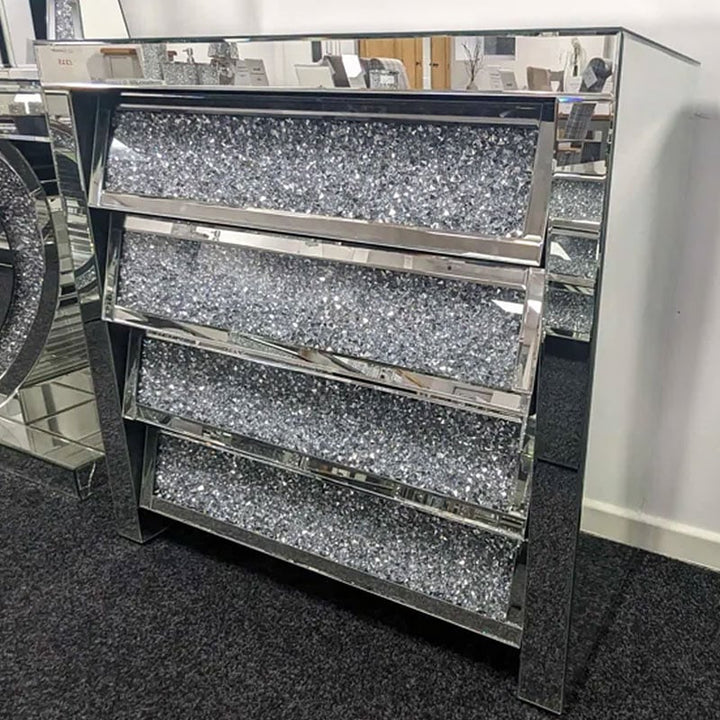 Diamond Crush Mirrored Angled 4 Drawer Chest Of Drawers Cabinet