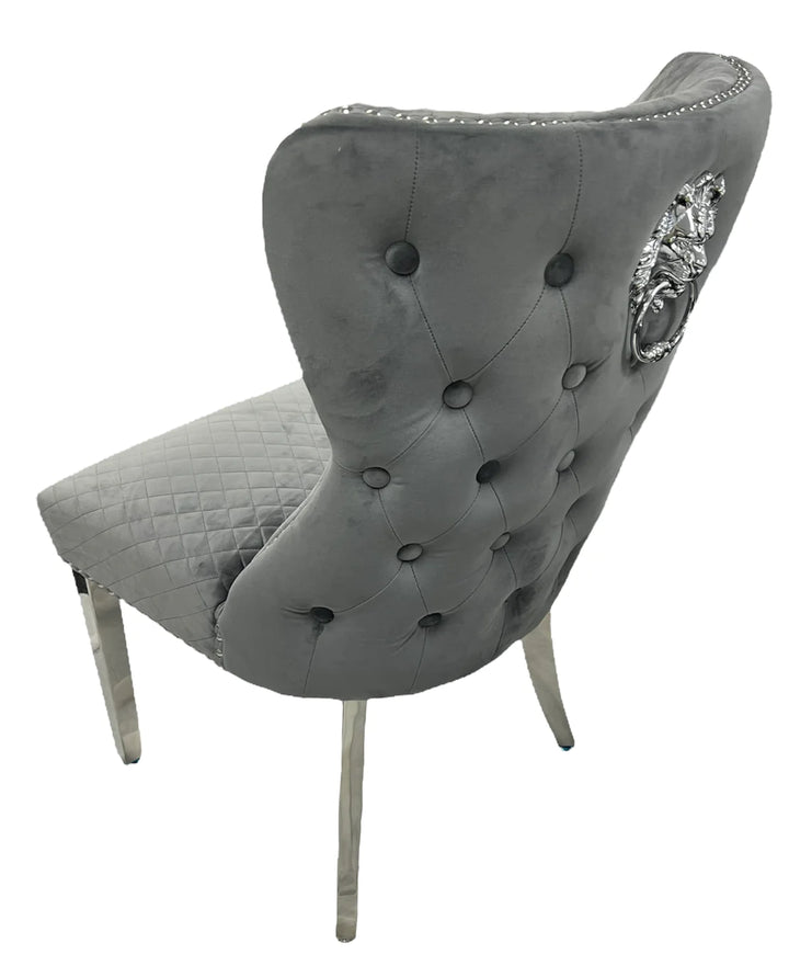Louis 120cm White Marble Dining Table + Valente Dark Grey Lion Knocker Velvet Chairs - Belmont Interiors