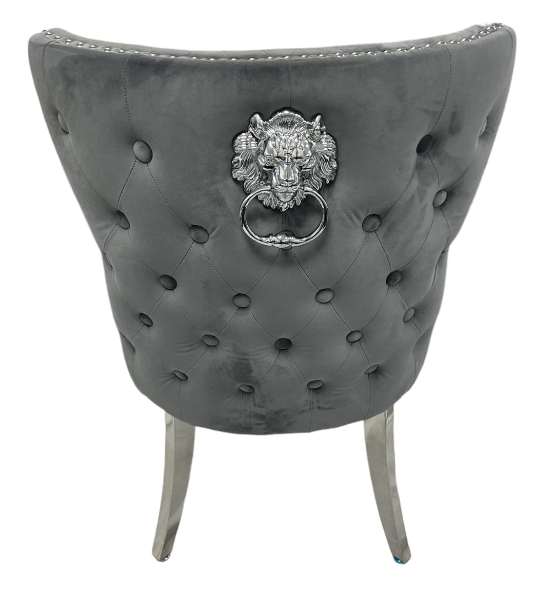 Louis 120cm White Marble Dining Table + Valente Dark Grey Lion Knocker Velvet Chairs - Belmont Interiors