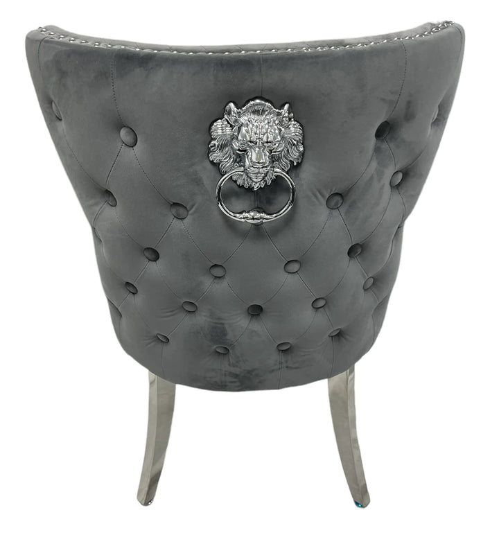 Louis 120cm White Marble Dining Table + Valente Dark Grey Lion Knocker Velvet Chairs - Belmont Interiors