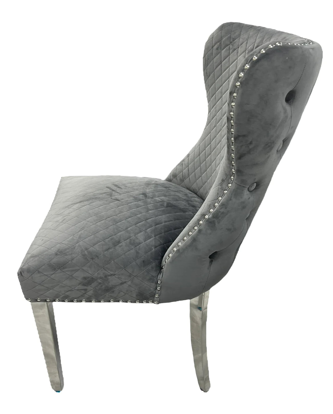 Louis 120cm White Marble Dining Table + Valente Dark Grey Lion Knocker Velvet Chairs - Belmont Interiors
