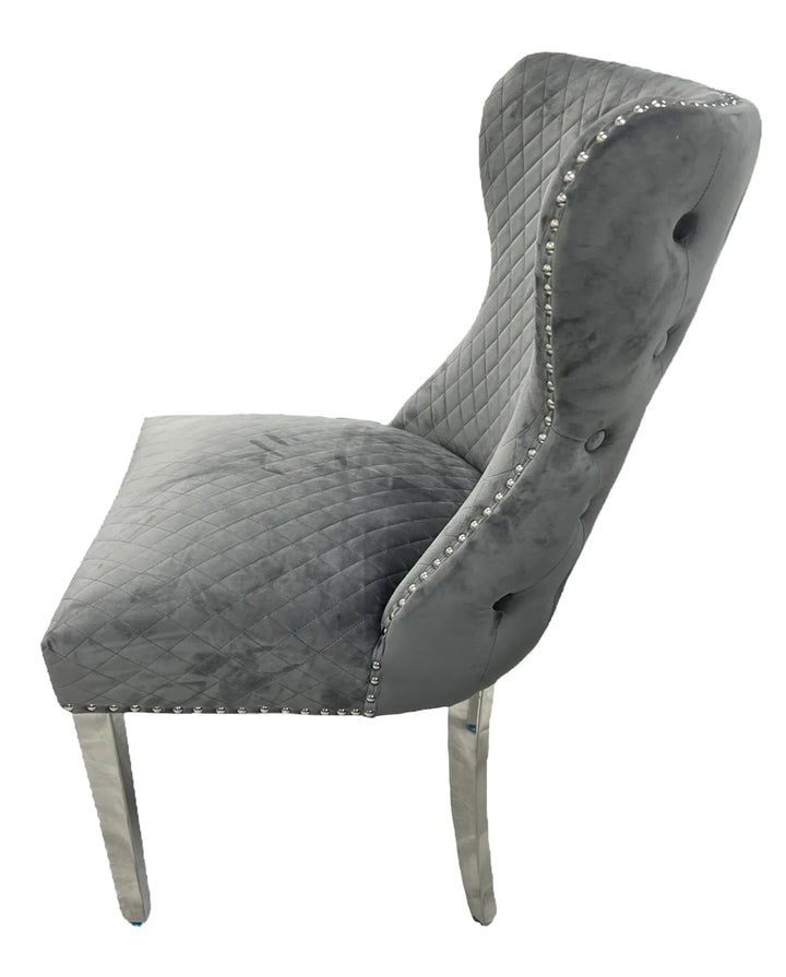 Louis 120cm White Marble Dining Table + Valente Dark Grey Lion Knocker Velvet Chairs - Belmont Interiors