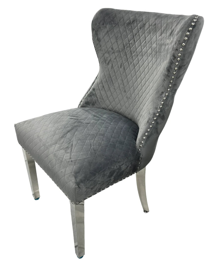 Louis 120cm White Marble Dining Table + Valente Dark Grey Lion Knocker Velvet Chairs - Belmont Interiors