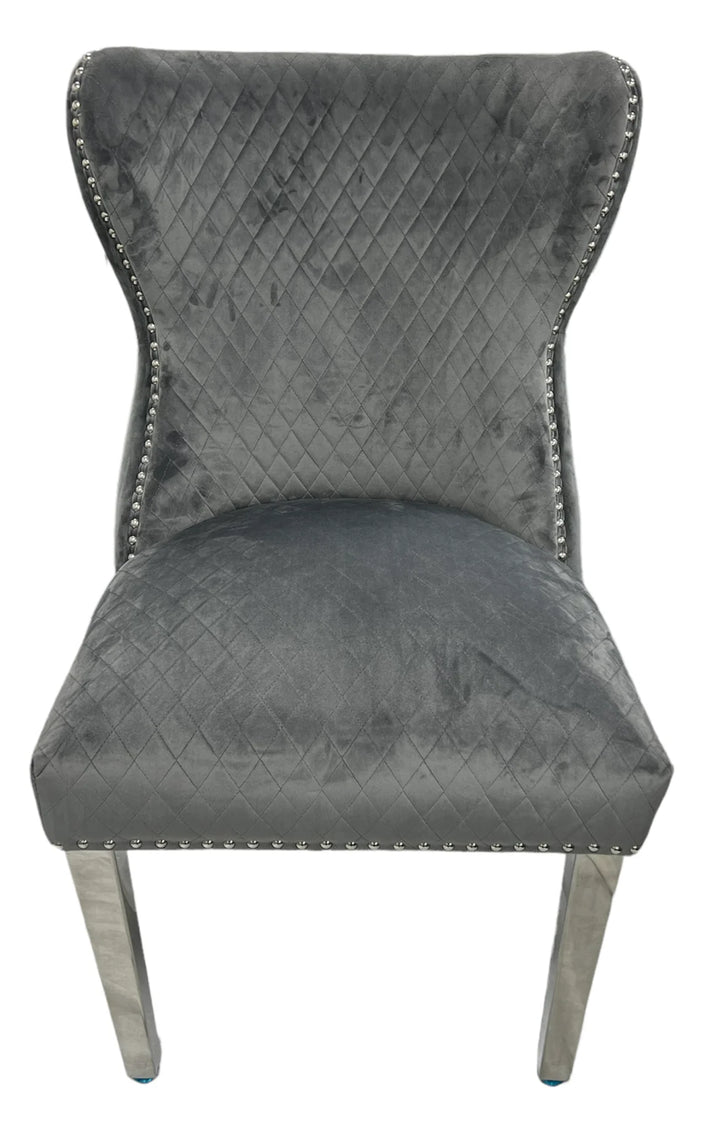 Louis 120cm White Marble Dining Table + Valente Dark Grey Lion Knocker Velvet Chairs - Belmont Interiors