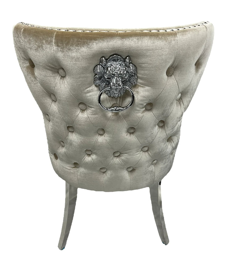 Louis 120cm White Marble Dining Table + Valente Dark Grey Lion Knocker Velvet Chairs - Belmont Interiors