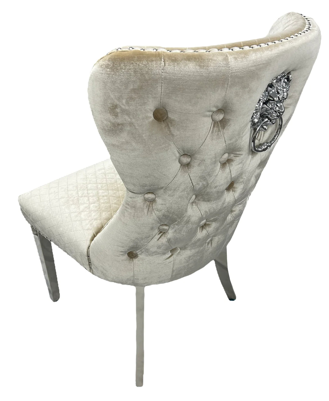 Louis 120cm White Marble Dining Table + Valente Dark Grey Lion Knocker Velvet Chairs - Belmont Interiors