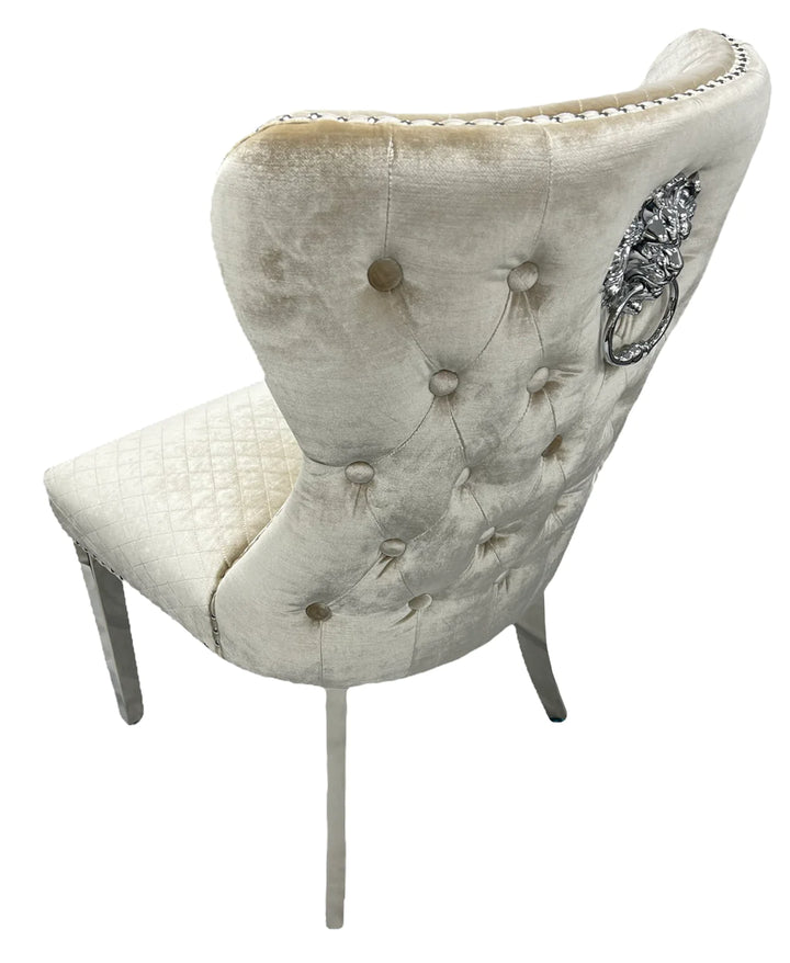 Louis 120cm White Marble Dining Table + Valente Dark Grey Lion Knocker Velvet Chairs - Belmont Interiors