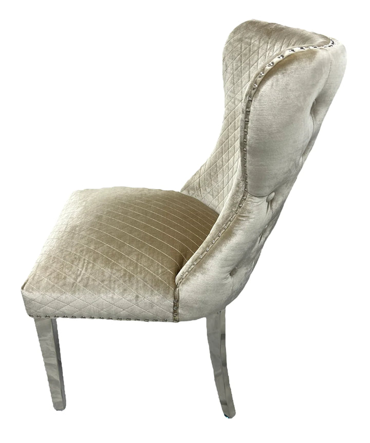 Louis 120cm White Marble Dining Table + Valente Dark Grey Lion Knocker Velvet Chairs - Belmont Interiors