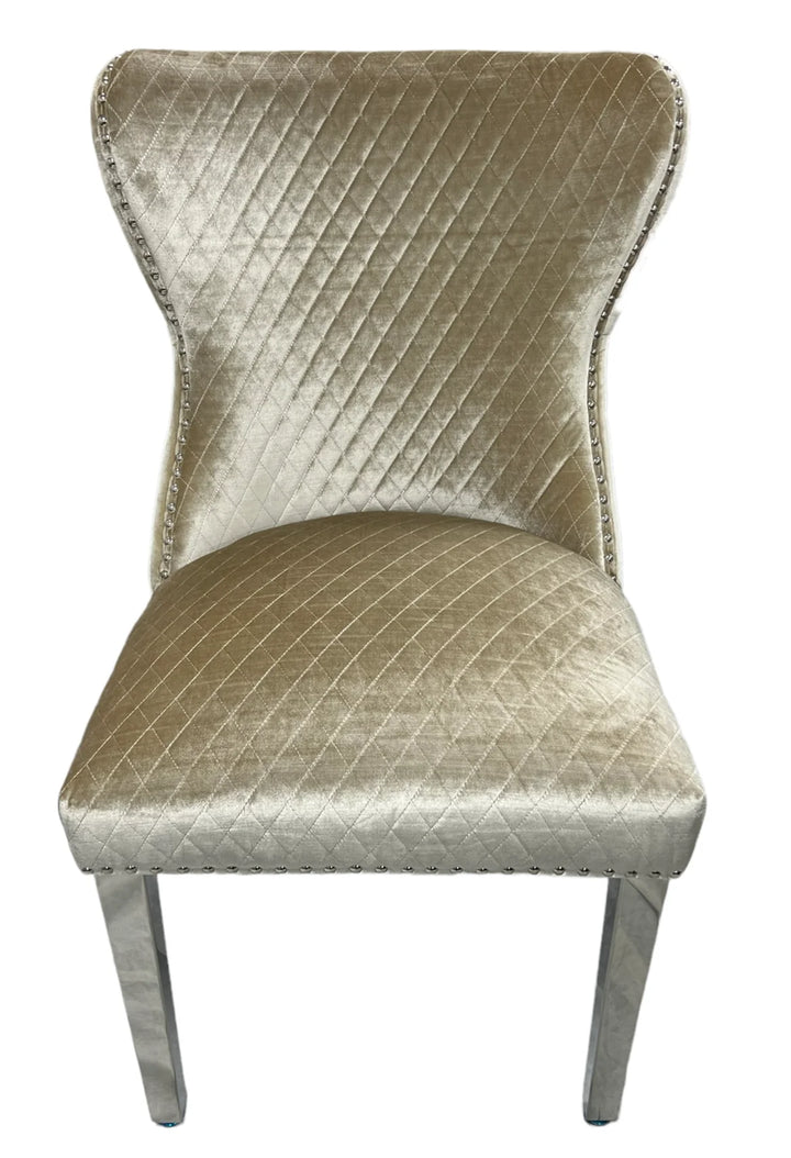 Louis 120cm White Marble Dining Table + Valente Dark Grey Lion Knocker Velvet Chairs - Belmont Interiors