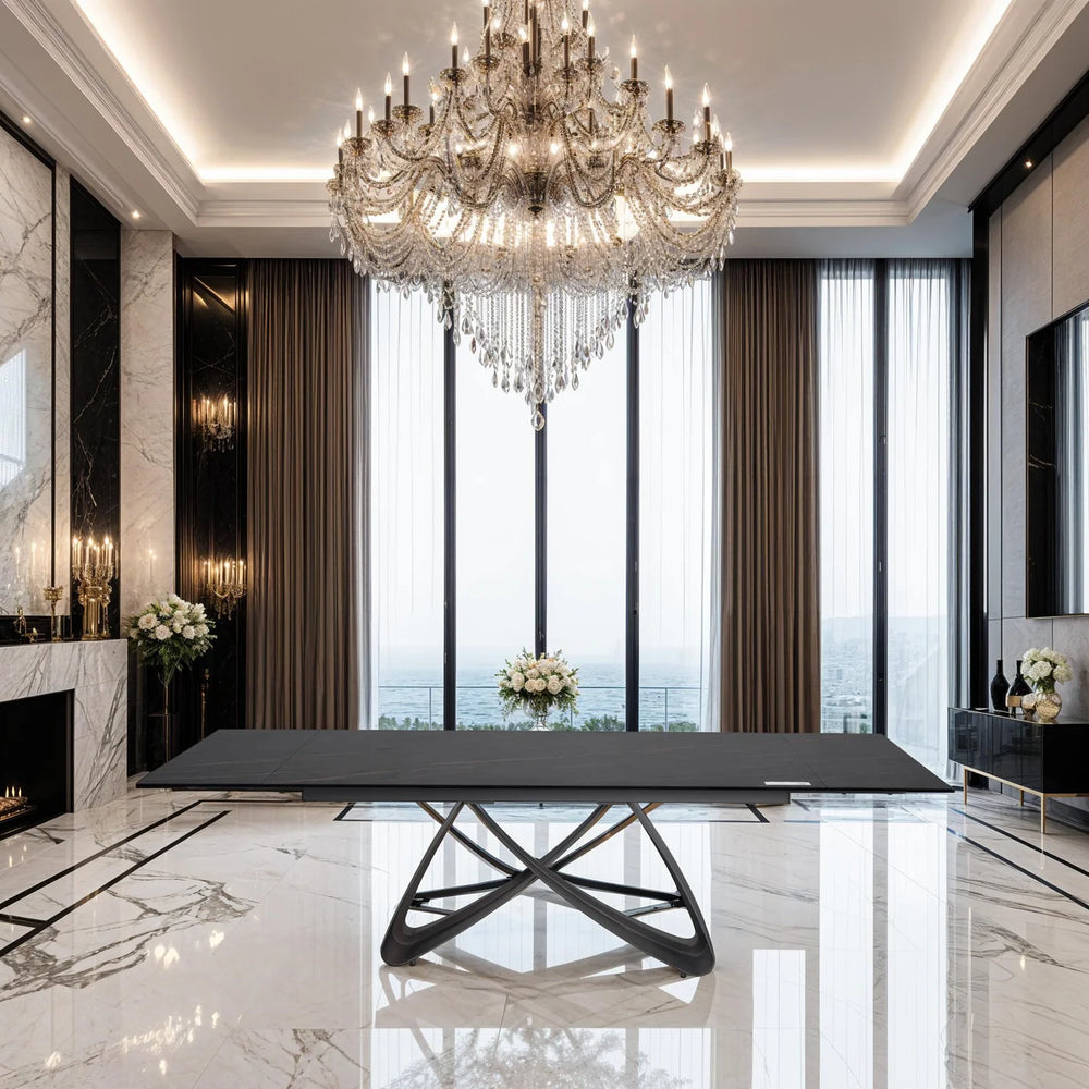 Serenti 180-260cm Italian Black/Gold Ceramic Marble Side Extending Dining Table - Belmont Interiors