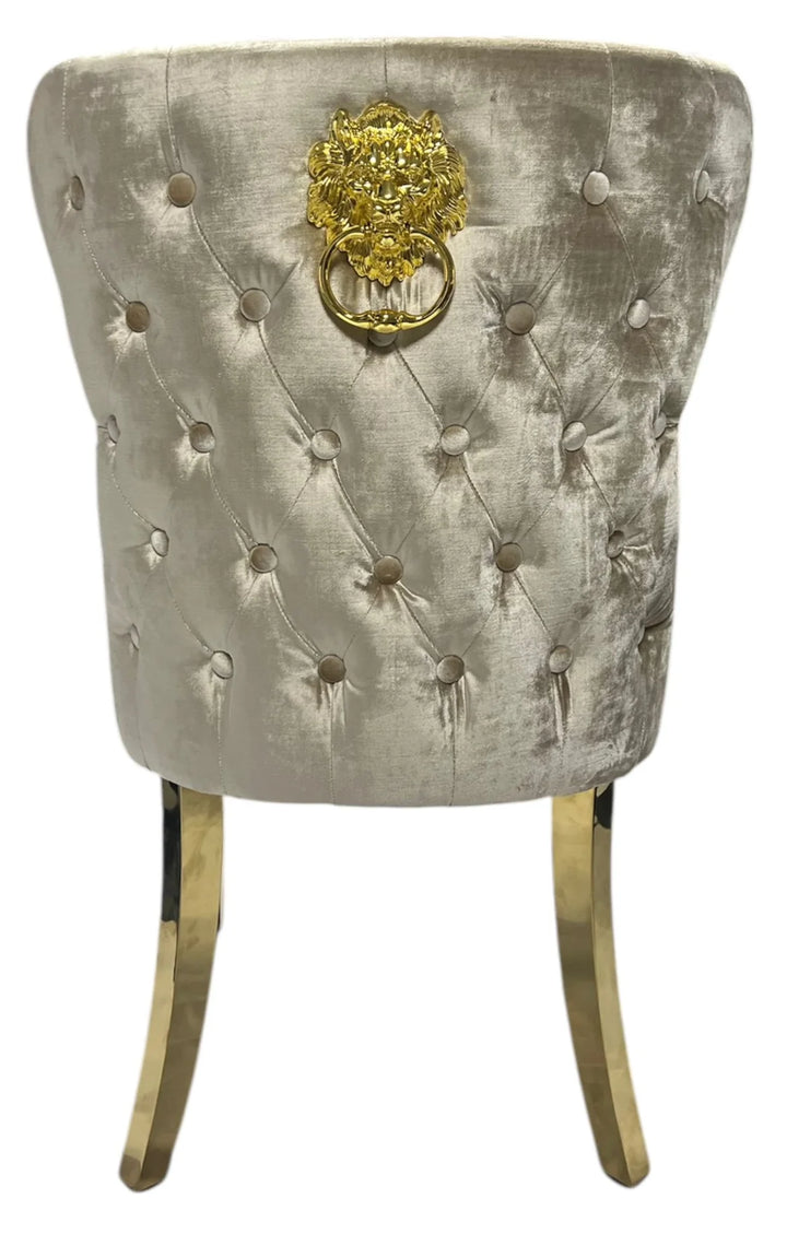 Valente Champagne Mink Gold Velvet Fabric Button Back Lion Knocker Quilted Dining Chair