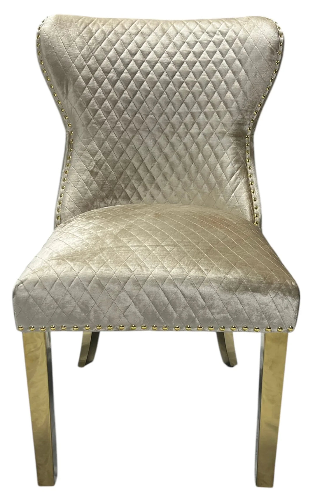 Valente Champagne Mink Gold Velvet Fabric Button Back Lion Knocker Quilted Dining Chair