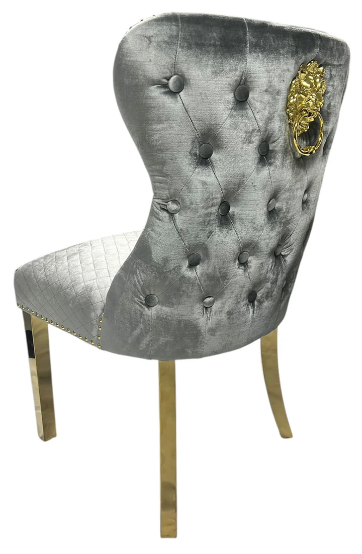 Valente Champagne Grey Gold Velvet Fabric Button Back Lion Knocker Quilted Dining Chair