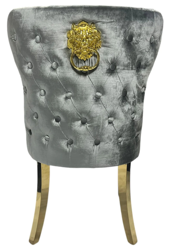 Valente Champagne Grey Gold Velvet Fabric Button Back Lion Knocker Quilted Dining Chair