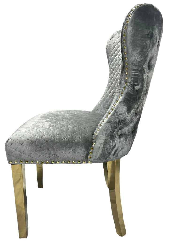 Valente Champagne Grey Gold Velvet Fabric Button Back Lion Knocker Quilted Dining Chair
