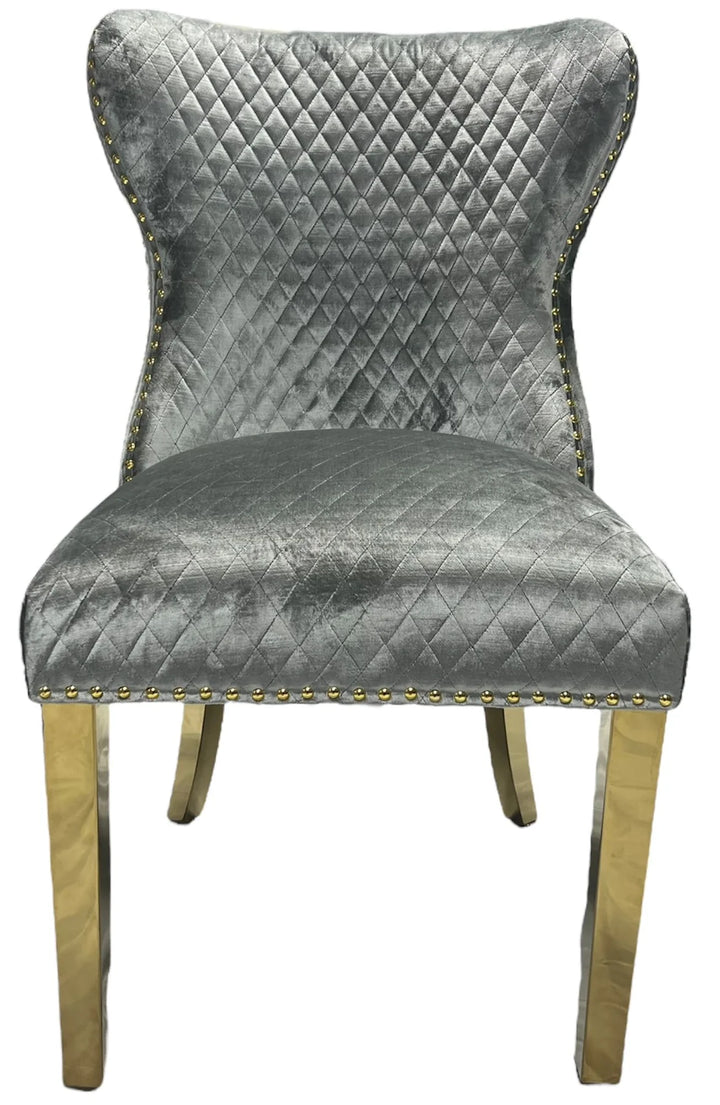 Valente Champagne Grey Gold Velvet Fabric Button Back Lion Knocker Quilted Dining Chair