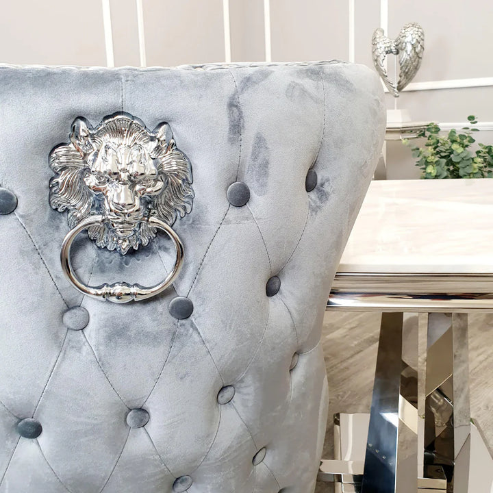 Valente Dark Grey Velvet Fabric Button Back Lion Knocker Quilted Dining Chair