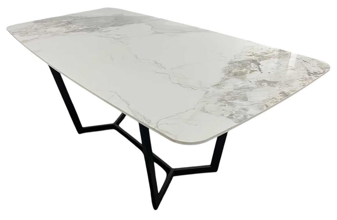 Lucien Dining Table with White/Grey Ceramic Top and Black Legs