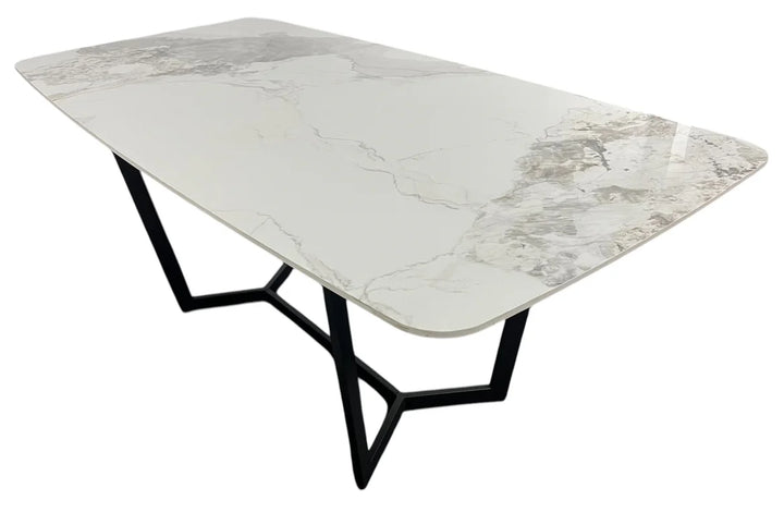 Lucien Dining Table with White/Grey Ceramic Top and Black Legs