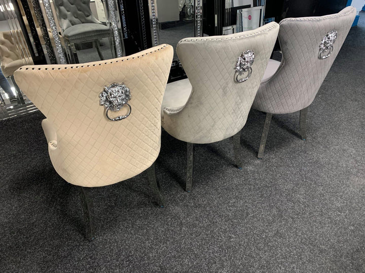 Mayfair Tufted Velvet Dining Chair with Chrome Legs and Lion Knocker in Dark Grey or Ivory