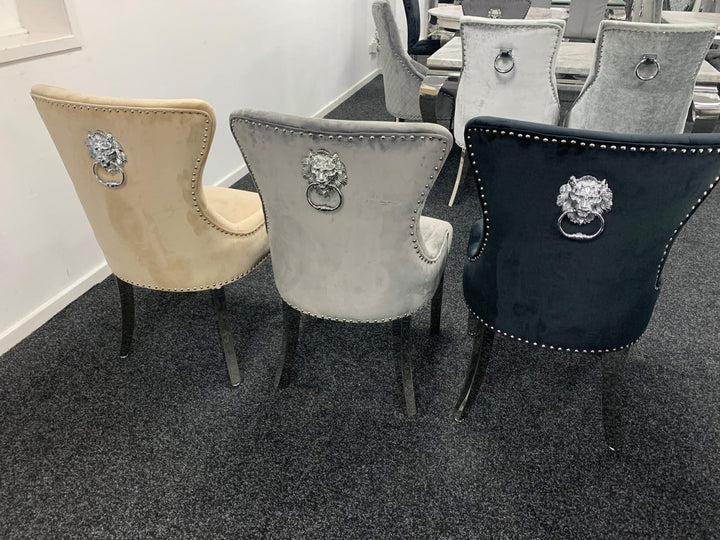 Chelsea Lion Knocker Plain Back Tufted Plush Velvet Dining Chair Chrome Legs - 3 Colours