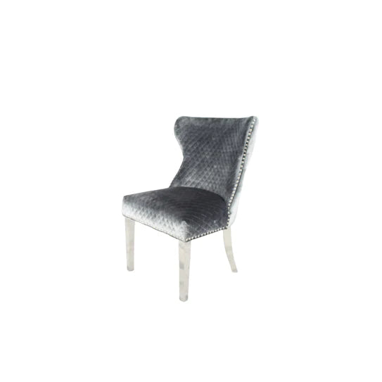 Valente Light Grey Shimmer Velvet Fabric Button Back Lion Knocker Quilted Dining Chair