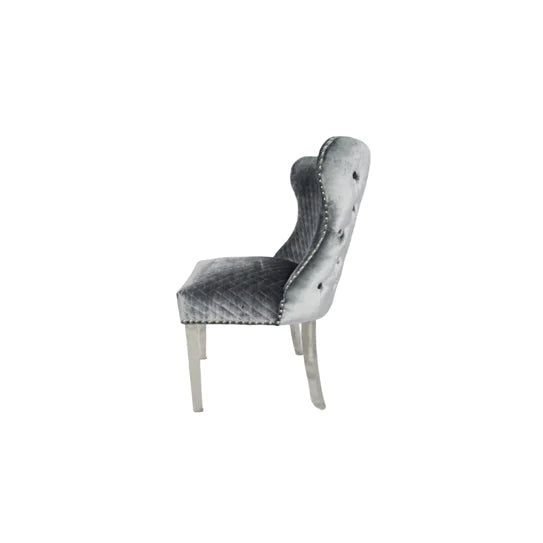Valente Light Grey Shimmer Velvet Fabric Button Back Lion Knocker Quilted Dining Chair
