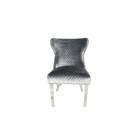Valente Light Grey Shimmer Velvet Fabric Button Back Lion Knocker Quilted Dining Chair