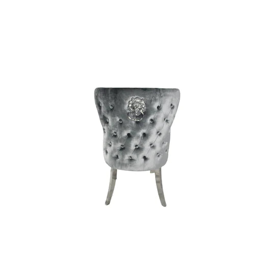 Valente Light Grey Shimmer Velvet Fabric Button Back Lion Knocker Quilted Dining Chair
