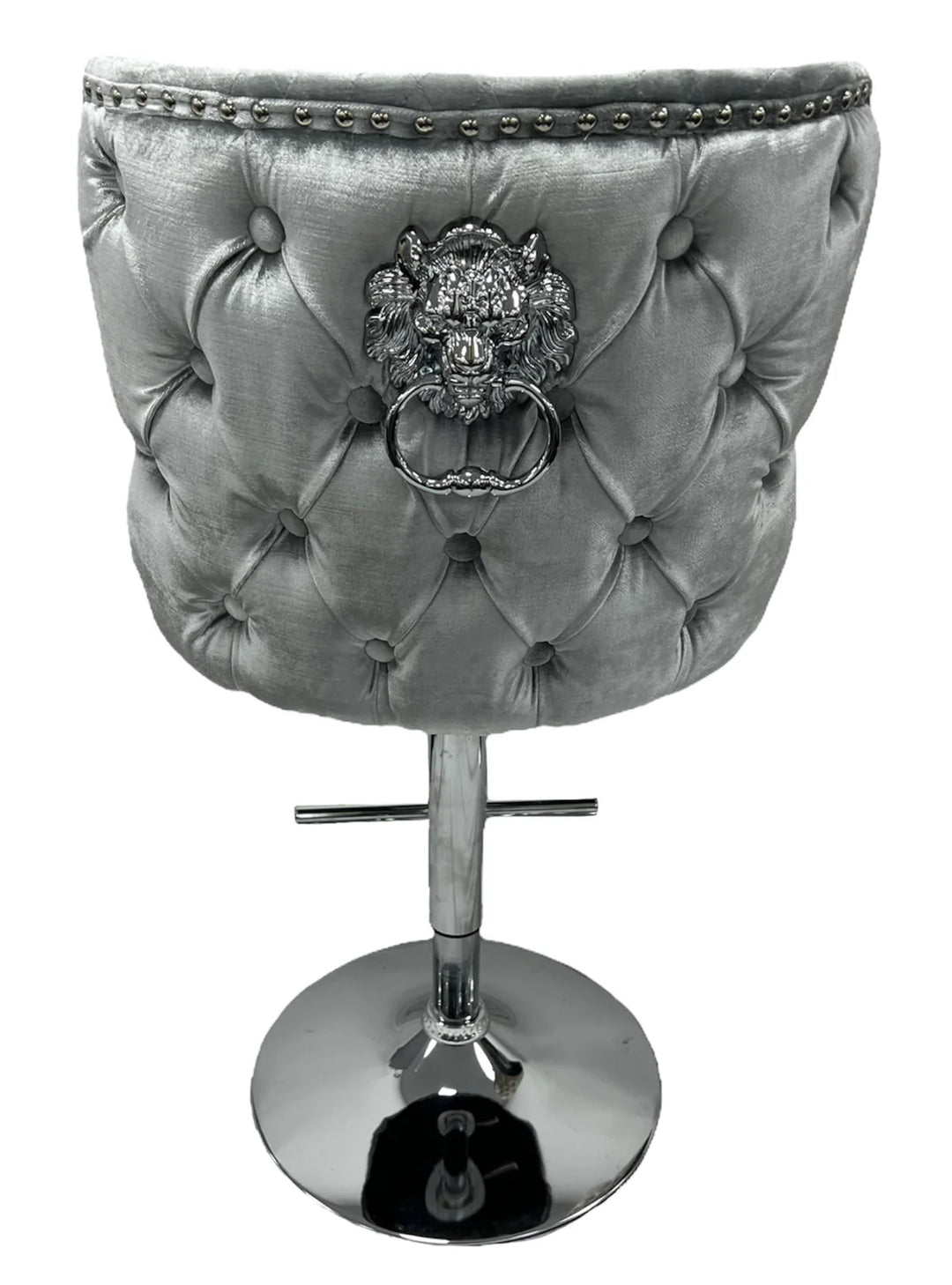Valente Light Grey Shimmer Velvet Fabric Button Back Lion Knocker Quilted Bar Stool