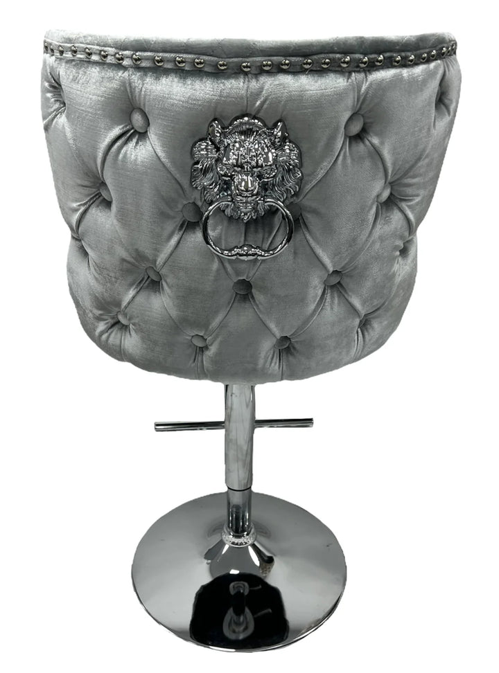 Valente Light Grey Shimmer Velvet Fabric Button Back Lion Knocker Quilted Bar Stool