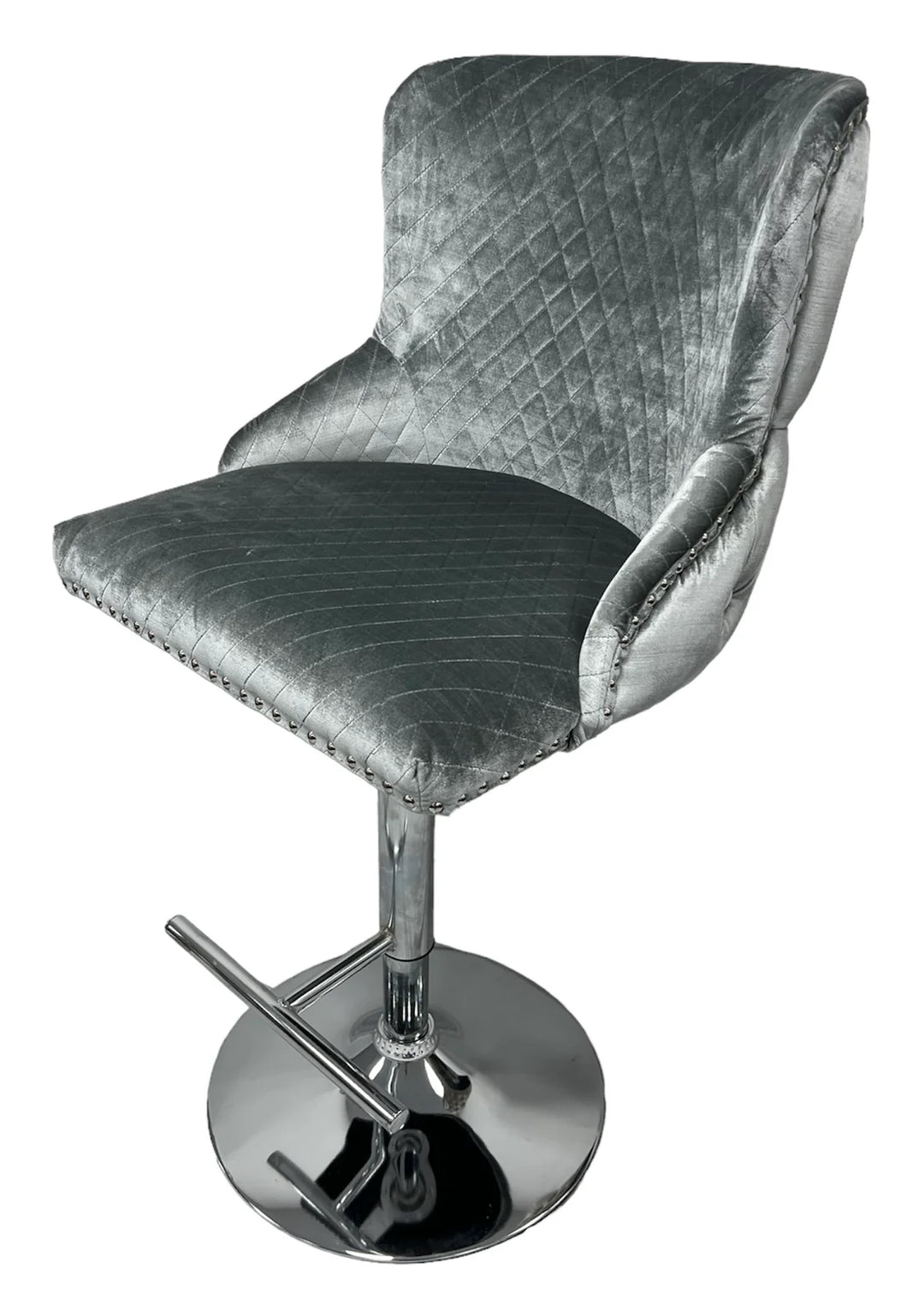 Valente Light Grey Shimmer Velvet Fabric Button Back Lion Knocker Quilted Bar Stool