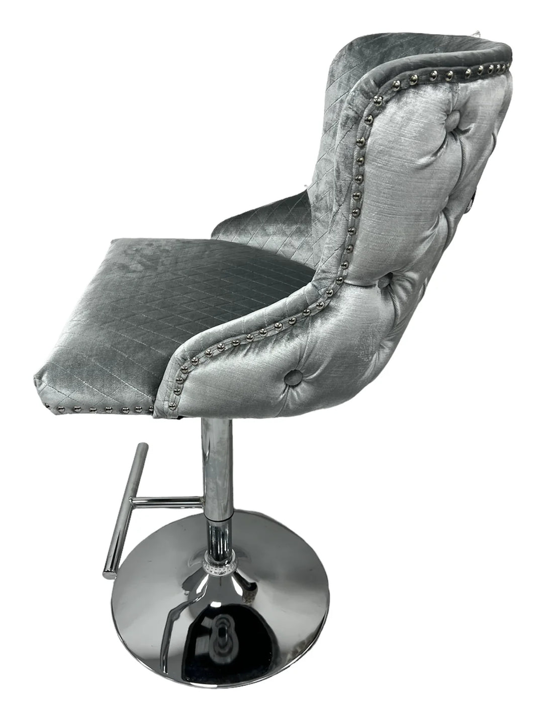 Valente Light Grey Shimmer Velvet Fabric Button Back Lion Knocker Quilted Bar Stool