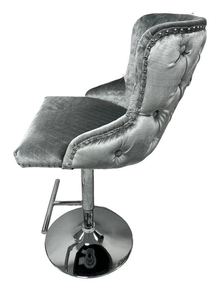 Valente Light Grey Shimmer Velvet Fabric Button Back Lion Knocker Quilted Bar Stool