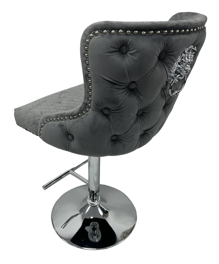 Valente Dark Grey  Velvet Fabric Button Back Lion Knocker Quilted Bar Stool