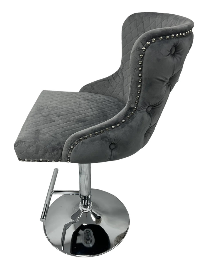 Valente Dark Grey  Velvet Fabric Button Back Lion Knocker Quilted Bar Stool