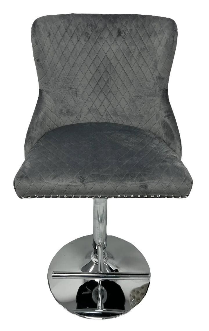 Valente Dark Grey  Velvet Fabric Button Back Lion Knocker Quilted Bar Stool