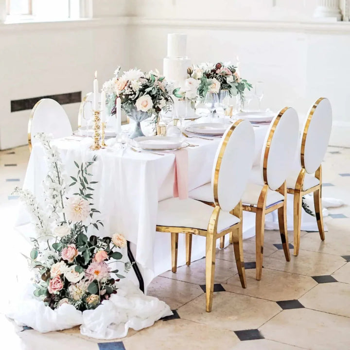 Jasmine White PU Leather Dining Chair with Gold Frame – Luxury Wedding & Event Seating