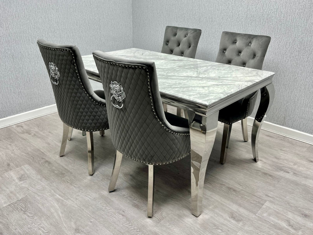 Louis Marble & Chrome Dining Table With PU Leather Chrome Lion Quilted Knocker Chairs - Belmont Interiors