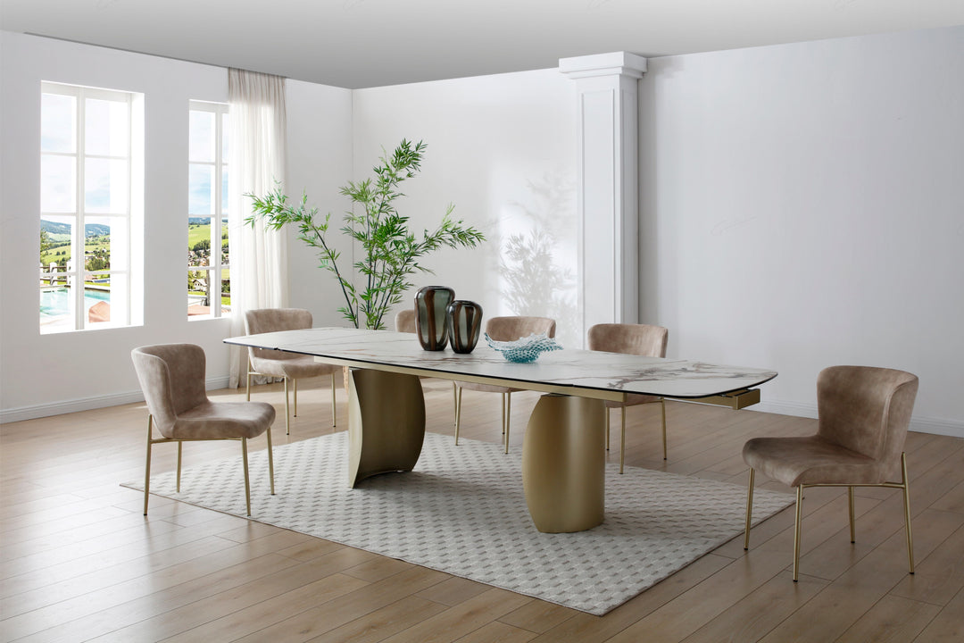 Palazzo 200-300cm Italian White/Gold Ceramic Marble Side Extending Dining Table - Belmont Interiors