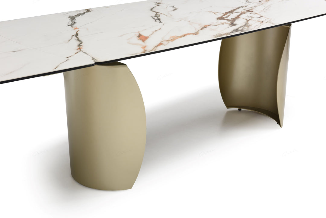 Palazzo 200-300cm Italian White/Gold Ceramic Marble Side Extending Dining Table - Belmont Interiors