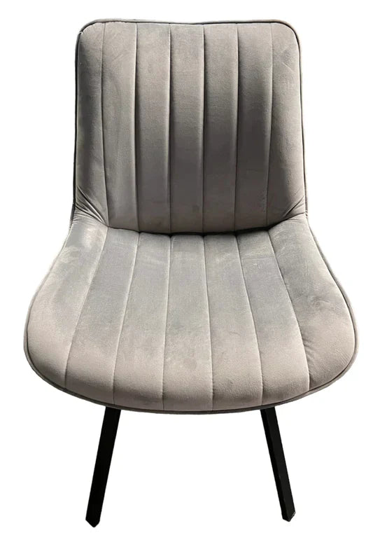 Bentley 90cm Gold/Grey Ceramic Marble Round Dining Table With Black Base + Roco 360º Grey Velvet Dining Chairs - Belmont Interiors