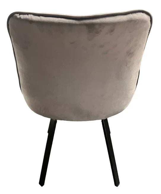 Bentley 90cm Gold/Grey Ceramic Marble Round Dining Table With Black Base + Roco 360º Grey Velvet Dining Chairs - Belmont Interiors