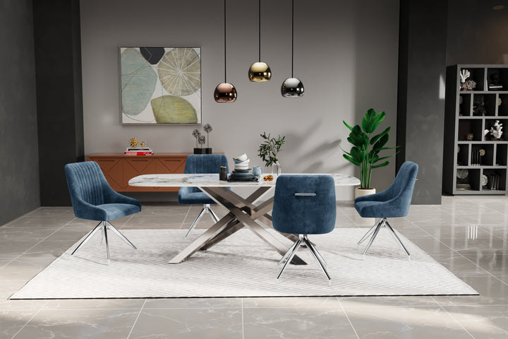 Lombardy 180cm Dining Table White/Gold Ceramic Marble Top With Swivel Velvet Chrome Leg Dining Chairs - Belmont Interiors
