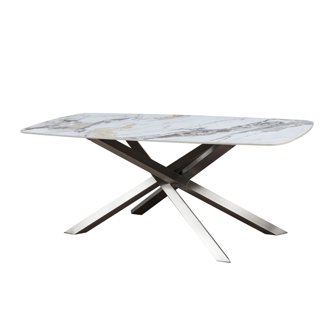 Lombardy 180cm Dining Table White/Gold Ceramic Marble Top With Swivel Velvet Chrome Leg Dining Chairs - Belmont Interiors