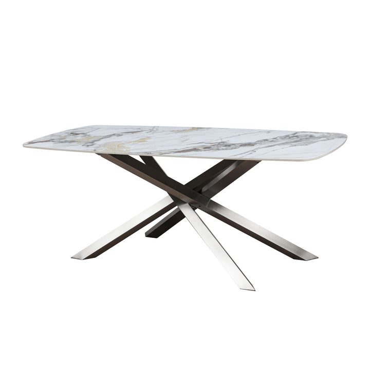 Lombardy 180cm Dining Table White/Gold Ceramic Marble Top With Swivel Velvet Chrome Leg Dining Chairs - Belmont Interiors