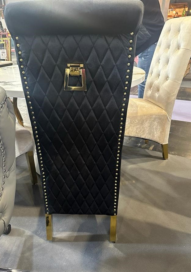 Lucy Gold Ring Knocker Quilted Emma Slim Black Gold Velvet Dining Chair Gold Legs - Belmont Interiors