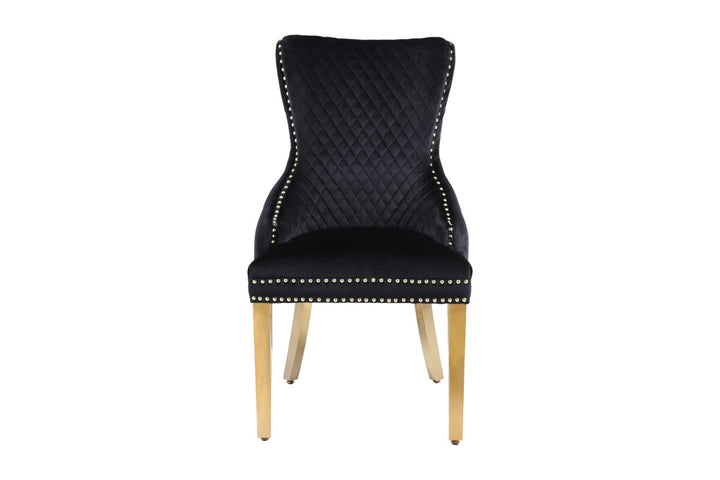 Victoria Gold Ring Knocker Quilted Tufted Plush Velvet Dining Chair Gold Legs - 2 Colours - Belmont Interiors